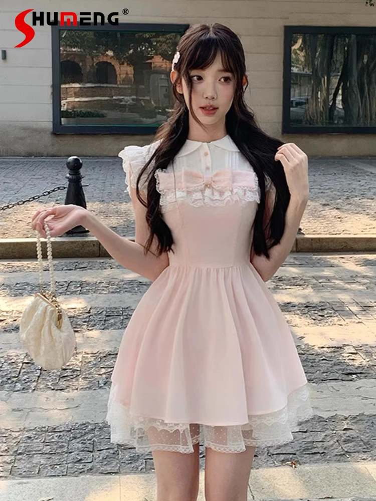 

2026 Summer Japanese Style Elegant Sweet Princess Dress Doll Collar Sleeveless Lace Patchwork High Waist Pink Dress for Women
