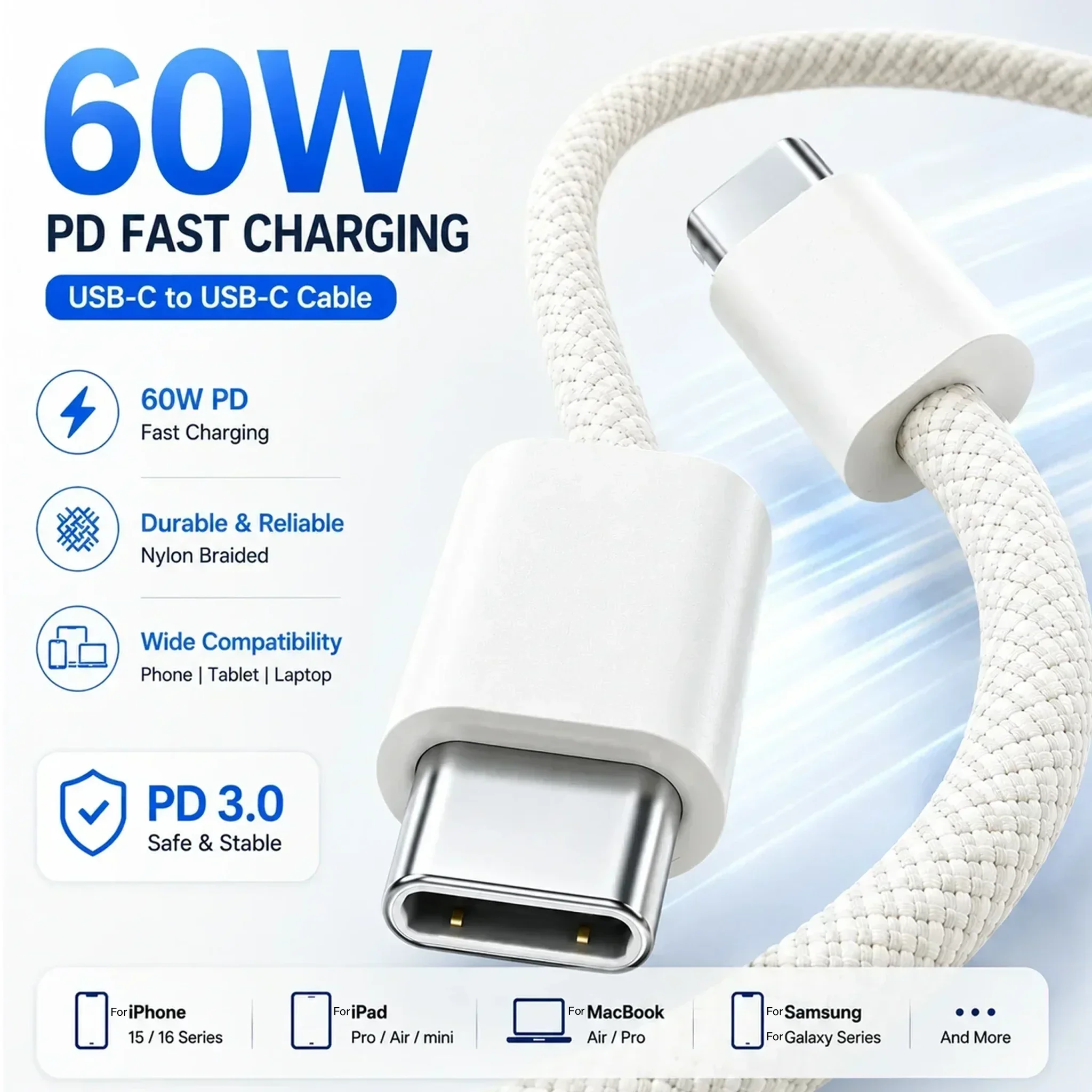 60W USB C to USB C Cable Fast Charging, White Braided PD Charger Cord For iPhone 15 16, For iPad,For MacBook, For Samsung
