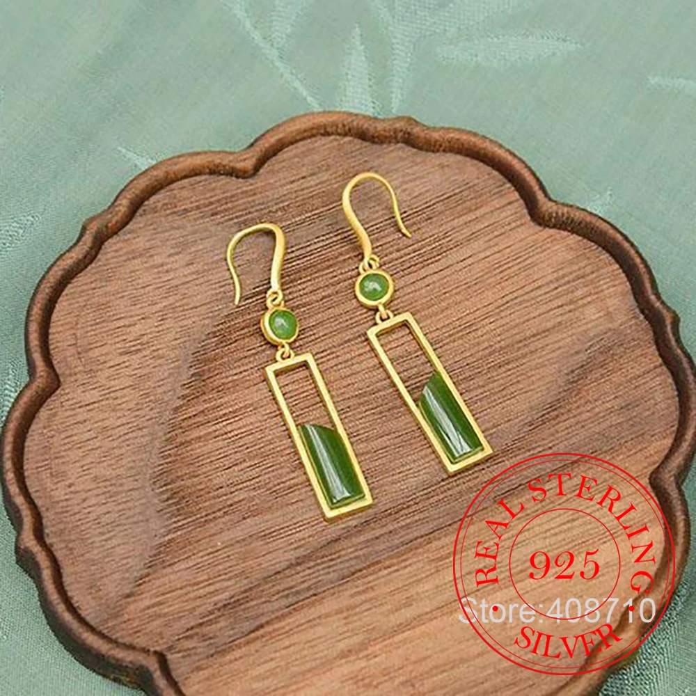 925 Sterling Silver Jewelry 18K Gold Plated Natural Jade Geometric Vintage Drop Earrings for Women Wedding Party Jewelry Gift