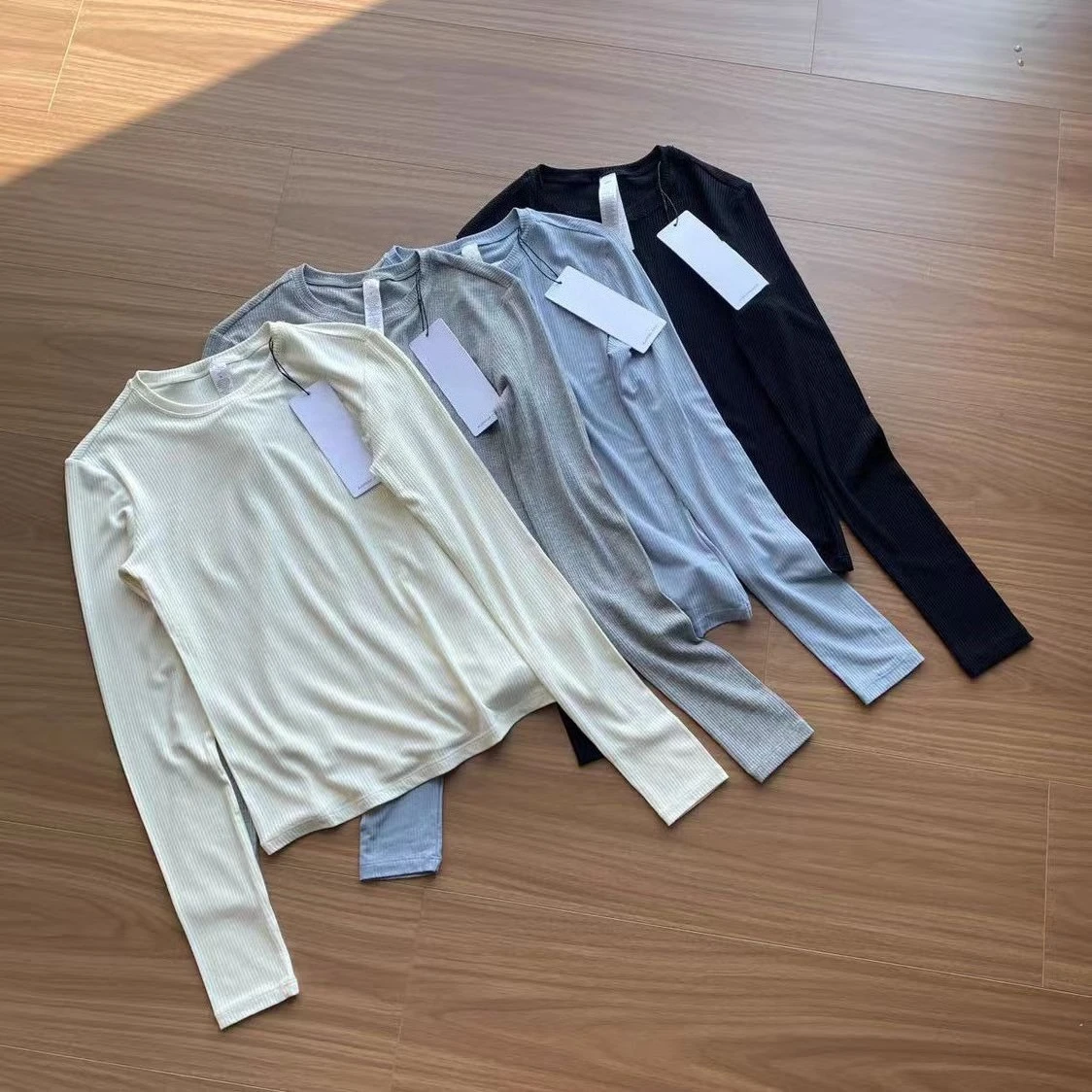 

2025 al Yoga Long Sleeve T-Shirt Women's New Threaded Knitted High Elastic Bottom Slim Skinny Casual Sports Top