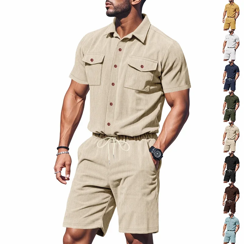 

Men's Summer Suit Corduroy Solid Pocket Shirt Short Sleeve Shorts Suit