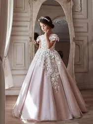 Pink Flower Girl Dresses for Wedding 3D Floral Appliques Elegant Girl Kids Birthday Party First Holy Communion Gown Customized