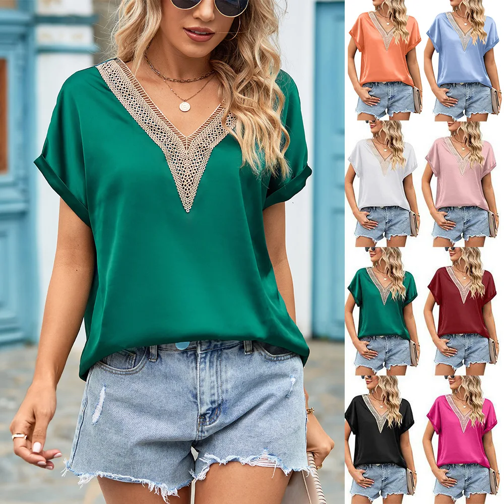 2024 Summer Wommen's Top V-neck Hollow Lace Satin Short Sleeved Shirt Bat Sleeve Top Women's Summer Blouse Casual T-shirt