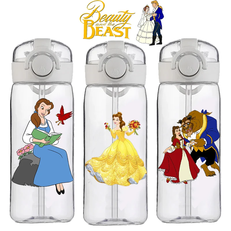 Disney Anime Beauty and the Beast Straw Cup Child Water Cup Food Grade Belle Prince Adams Cartoon Plastic Kettle Anti-drop Cup