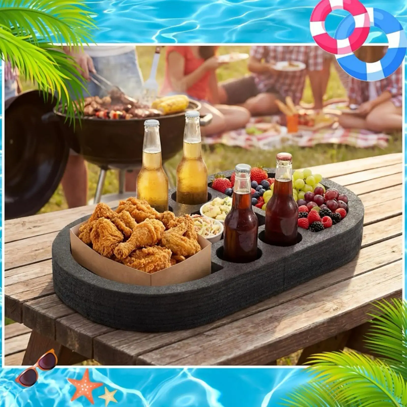 21.6x11.8 Inch Floating Pool Tray with Dividers Portable Drink Holder Snack Board Floating Table Tray for Water Party Lake Beach