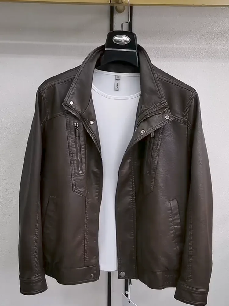 

Sli Autumn PU Leather Jaet Men's New Faion Comfortable High Quali Lightweight Haome Stand Collar Zipper Closure