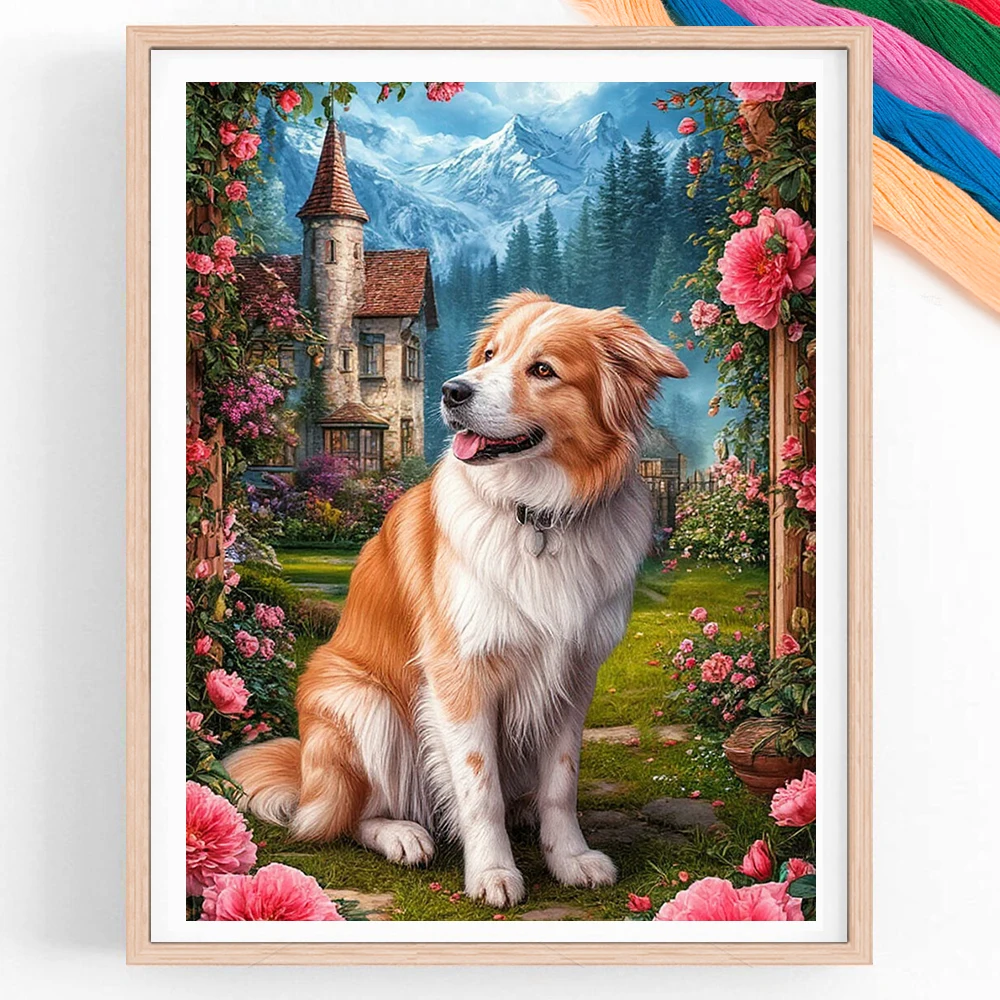 Dog 11CT Cross Stitch Kits Flower Needlework Craft Set Printed Canvas Animal Sofa Decoration