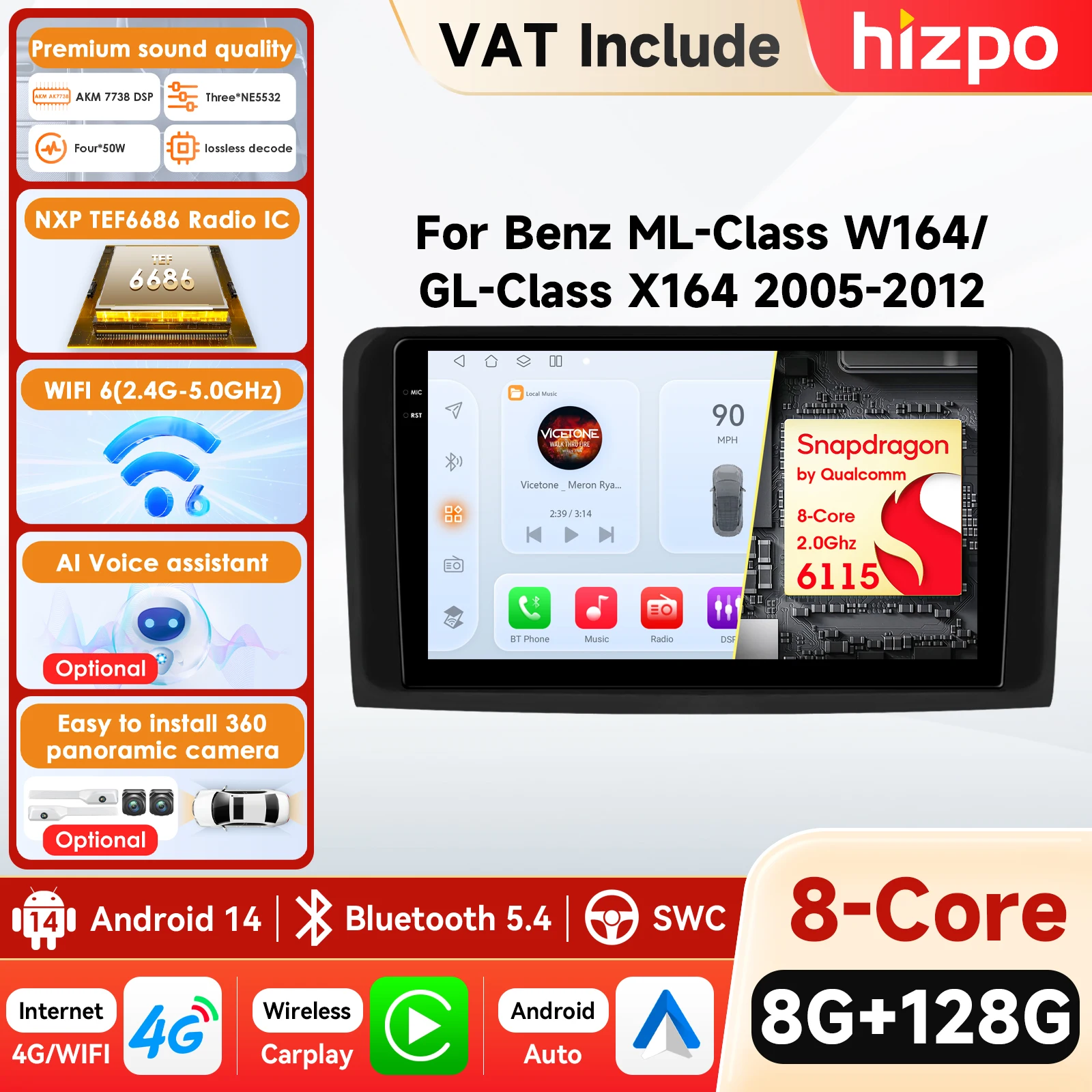 Hizpo Auto Sistemi Intelligenti 2Din Android 14 Autoradio per Mercedes ML W164 X164 ML350 ML300 GL500 ML320 ML280 GL350 Carplay 4G