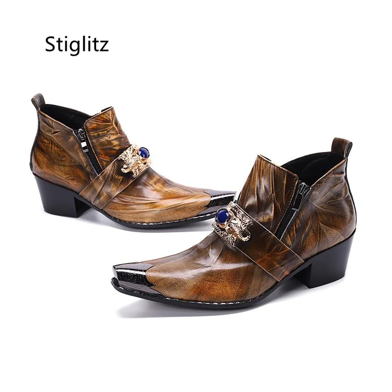 Bronze Metal Pointed Toe Men's Boots Pearl Strap Side Zipper Genuine Leather Ankle Boots High Heels Party Show Male Shoes