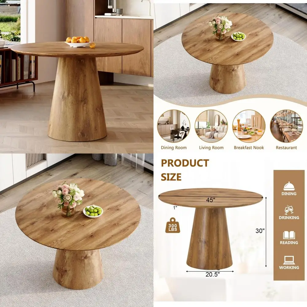 45 Inch Round Wooden Dining Table for 4-6 People with Pedestal Base and Circular Wood Grain Kitchen Design