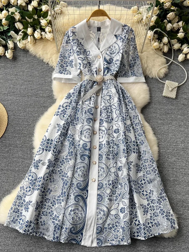 Women Elegant Party Long Dress Summer Lapel Single Breasted Short Sleeved Retro Mesh Hollowed Out Embroidered French Dresses image 2