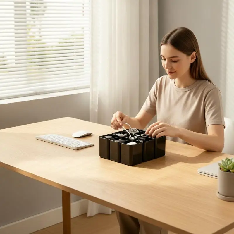 11/22 Grid Retractable Drawer USB Cable Storage Tray Multi-Slot Desktop Organizer for Home Office Charger Cord Sorting