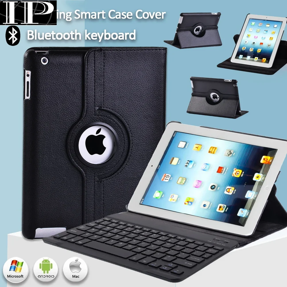 For Apple IPad 2/3/4 A1460 A1459 A1458 A1416 A1430 A1403 A1395 A1396 A1397 360 Rotating Anti-fall Tablet Case+Bluetooth Keyboard