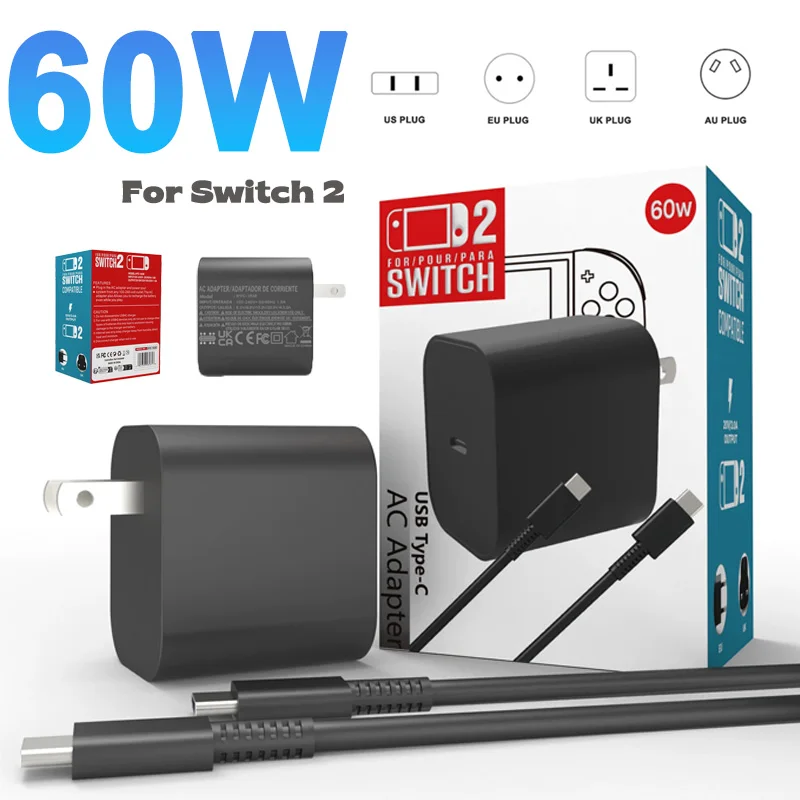 60W Fast Charger for 2025 Nintendo Switch 2 with US/UK/EU/AU Plug & Cable USB-C Power Adapter for NS2 Console Mini Charging Head