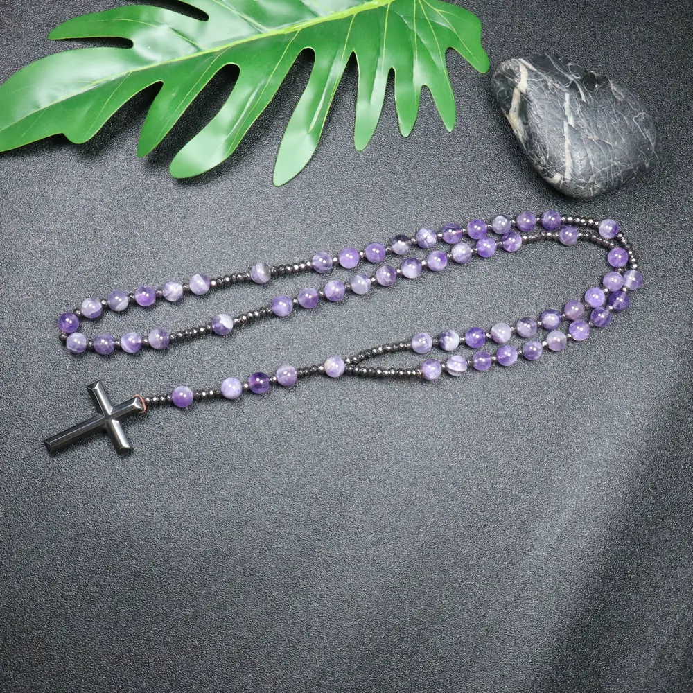 Natural Amethyst String Beads Necklace For Women Catholic Christ Rosary Necklaces Men Hematite Crosses Pendant Necklace Jewelry