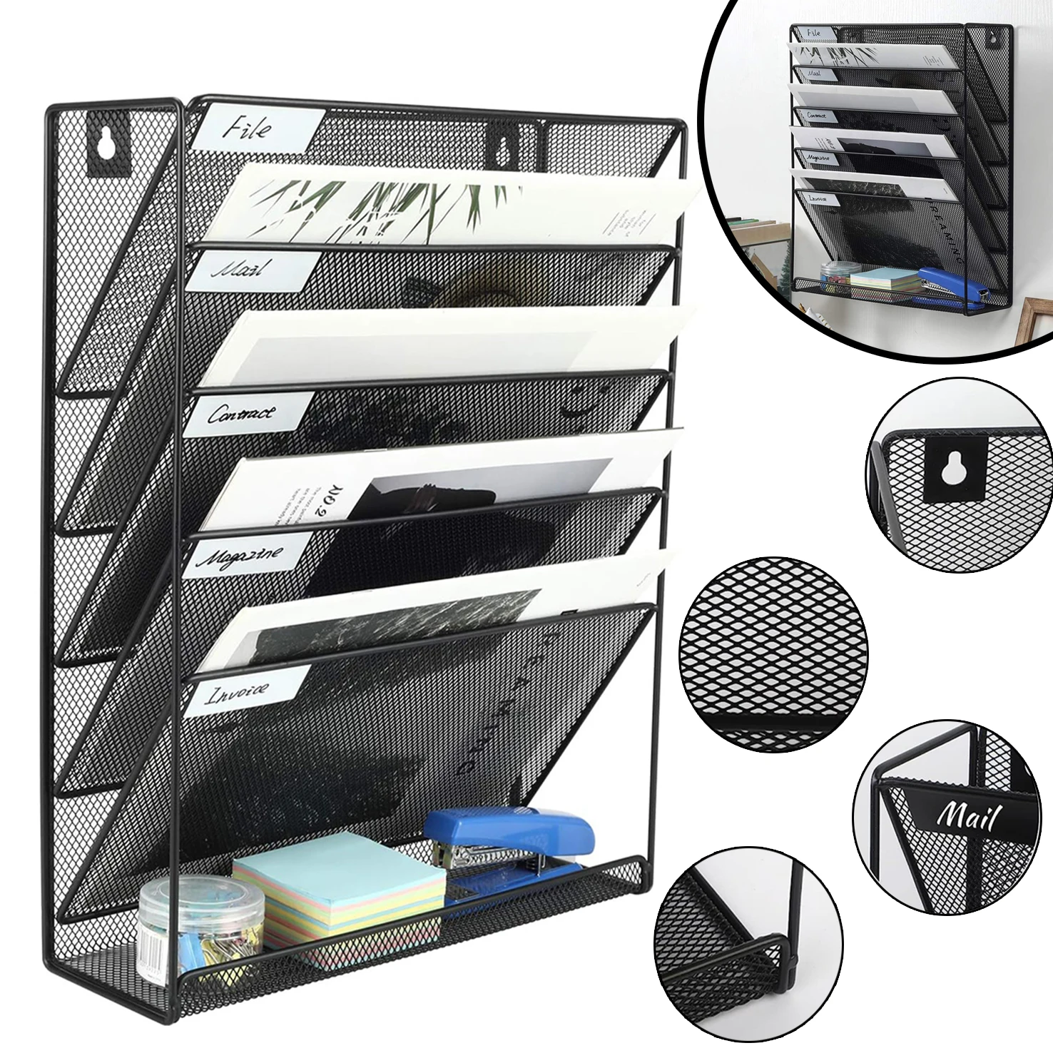 Portadocumenti da parete a 6 livelli, organizer per cartelle a rete con etichette per la classificazione, portadocumenti da scrivania versatile, organizer verticale da parete per la posta, ideale per