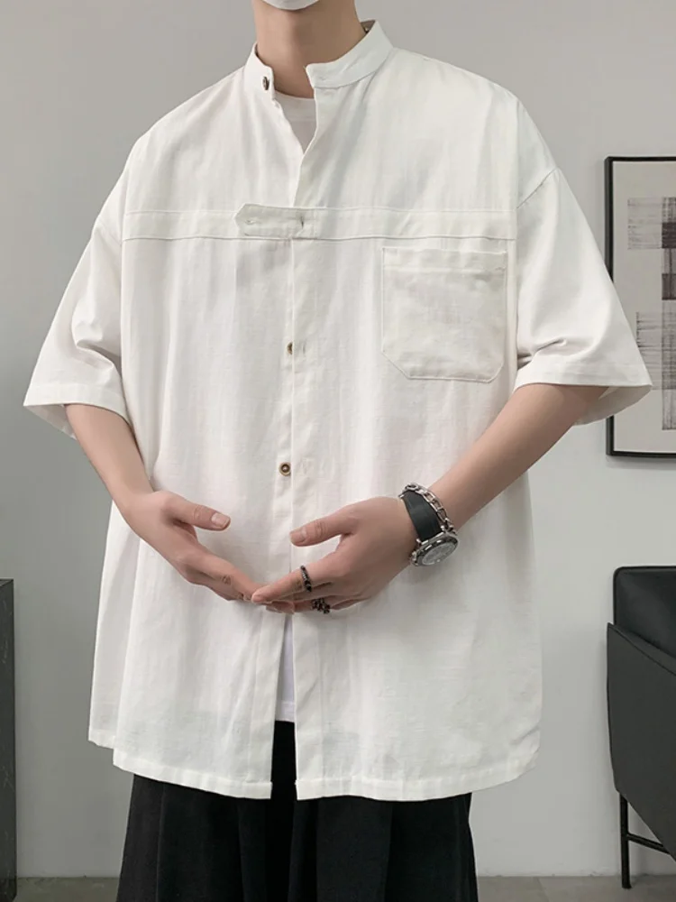 

Белая мужская рубашка с коротким рукавом, летняя, новая модель, в японском ретро-стиле, из тонкого хлопка, для молодежи