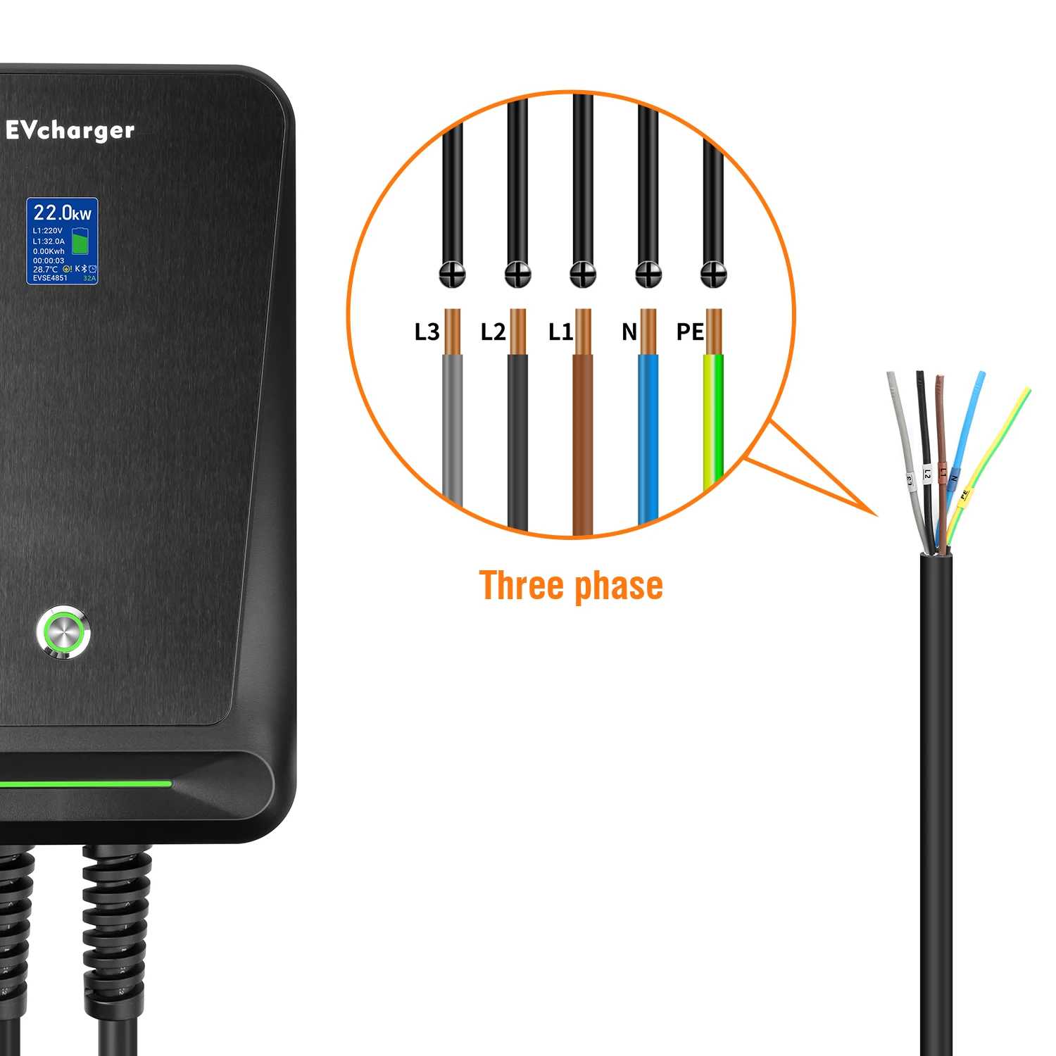 lefanev EV Charging Station Type 2 APP Control 32A 3 Phase Electric Vehicle Charger EVSE Wallbox 22KW with Cable IEC 62196-2