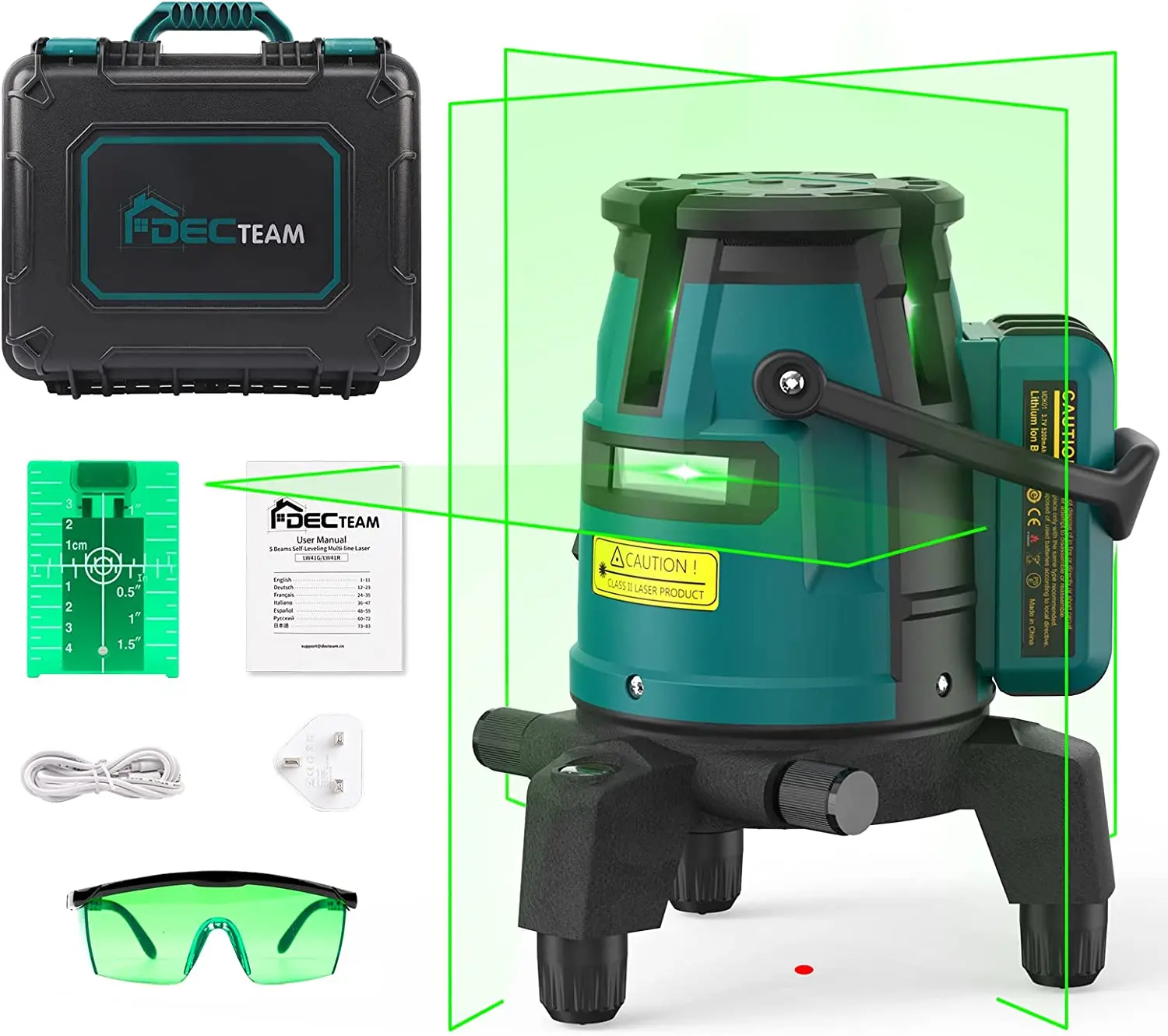 DECTEAM LW41G Multifunction 4 Vertical and 1 Horizontal Lines laser level 360 Rotating Base Removable Battery