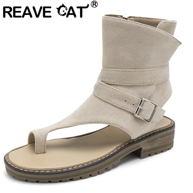 

REAVE CAT Классические женские сандалии на плоской подошве с застежкой-молнией и пряжкой из флока, замша, большой размер 41, 42, 43, мягкая повседневная повседневная летняя обувь