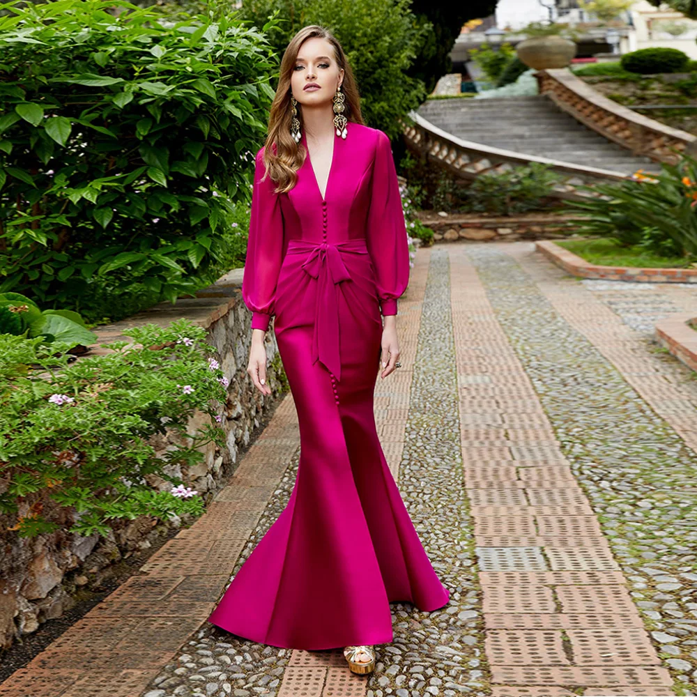 Weilinsha-vestidos de sirena fucsia para invitados de boda, elegantes mangas abullonadas, botones de cuello en V, abertura frontal, vestido largo para madre de la novia