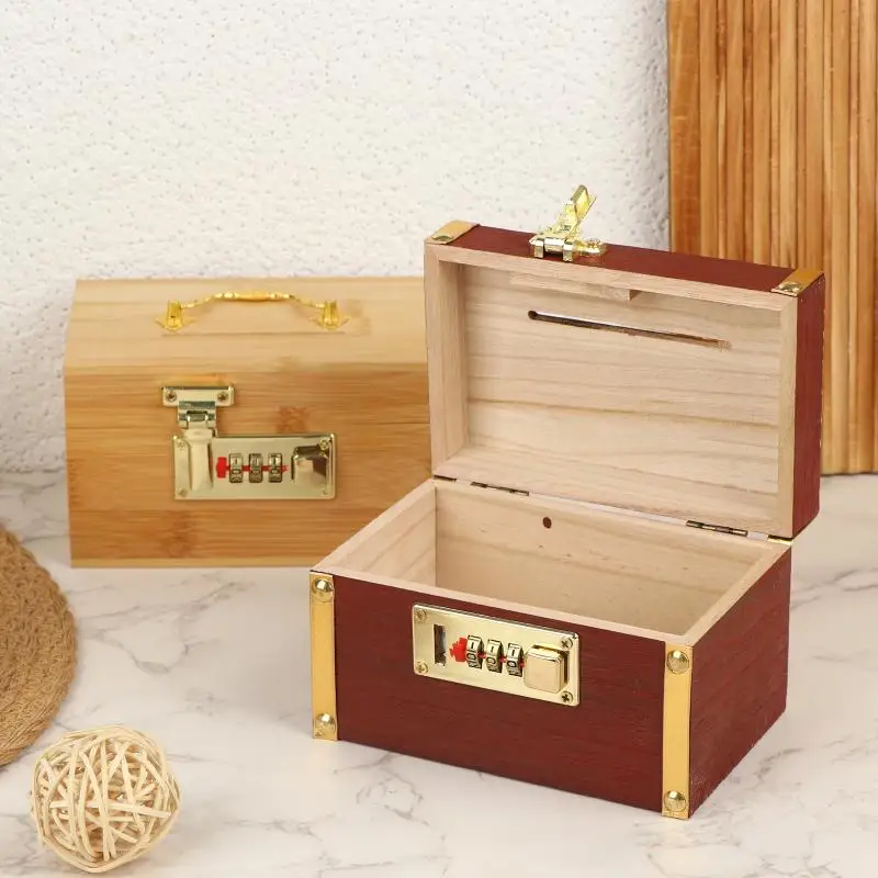 Wooden Secure Combination Lock Piggy Bank Small Treasure Money Box 3 Digit Safety Code Storage for Home Kids Gift
