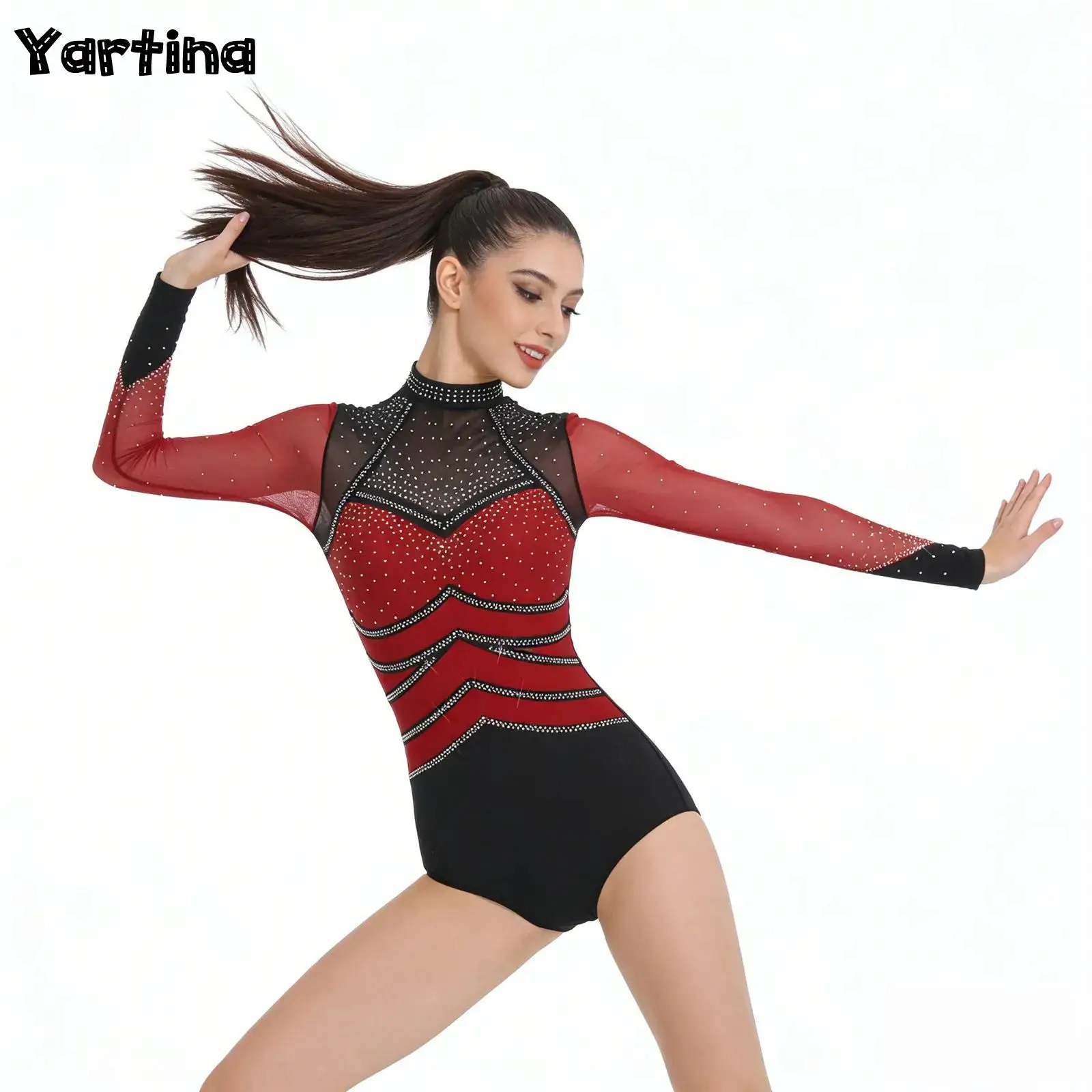 Frauen Strass Gymnastik Ballett Trikots Eiskunstlauf Leistung Kostüm Body Mesh Langarm Strampler Overall