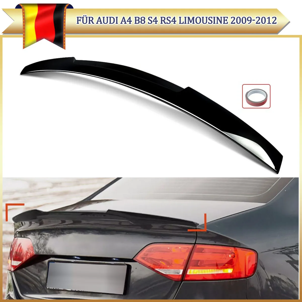 Spoiler de coffre noir brillant pour AUDI A4 B8 8K2 S4 RS4 S-line Saloon 2008-2012, style M4, aileron supérieur de coffre, kit carrosserie