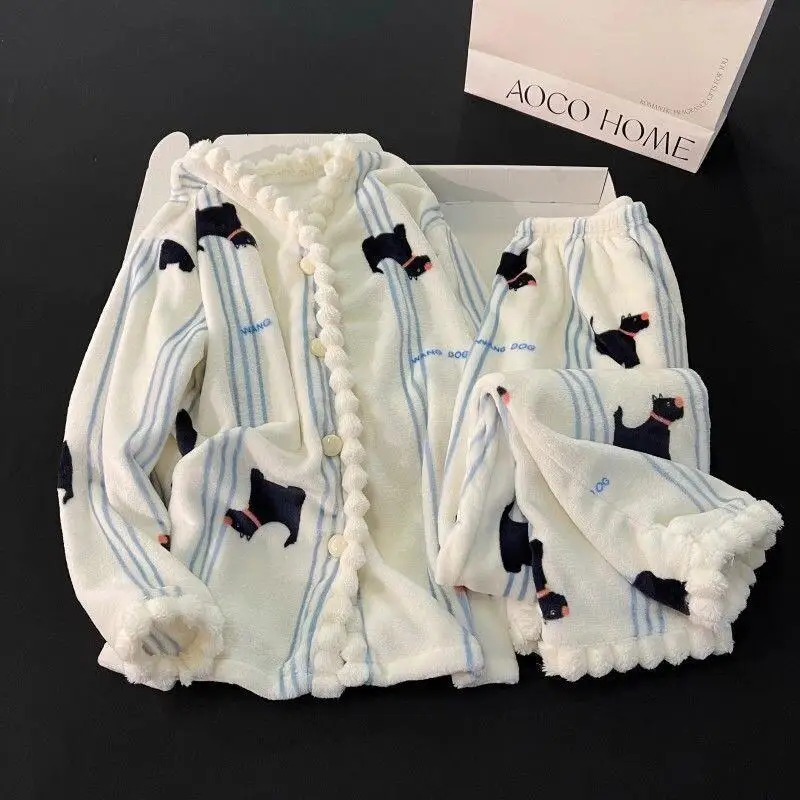 

Korean Ins Sleepwear Women's New Winter Coral Fleece Thickened Warm Blue High-end Student Home Suit Set Fashion Homewear Sweats