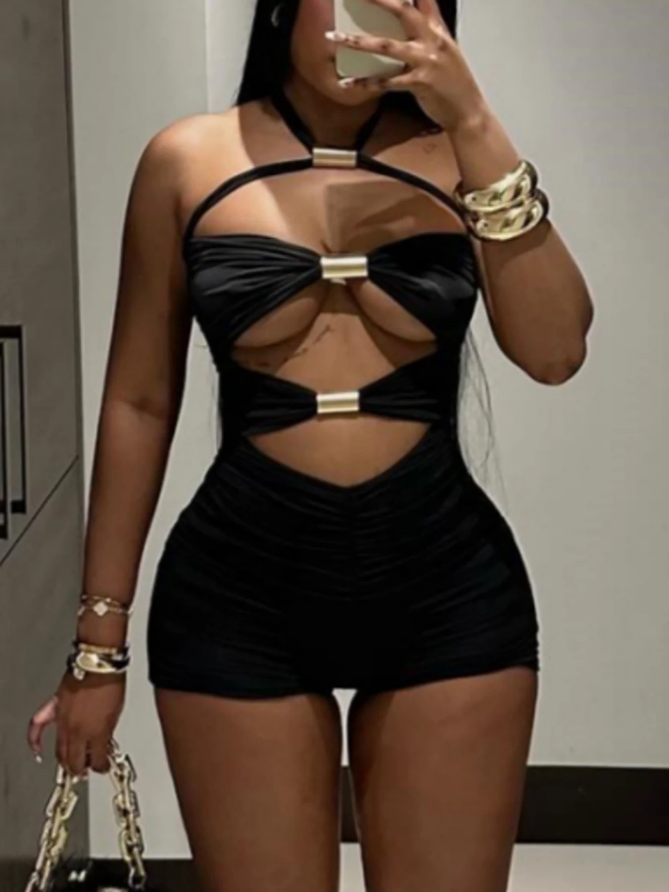 المرأة شخصية جوفاء أنبوب معدني الربط التباين اللون Bowknot الرسن الرقبة بذلة السراويل