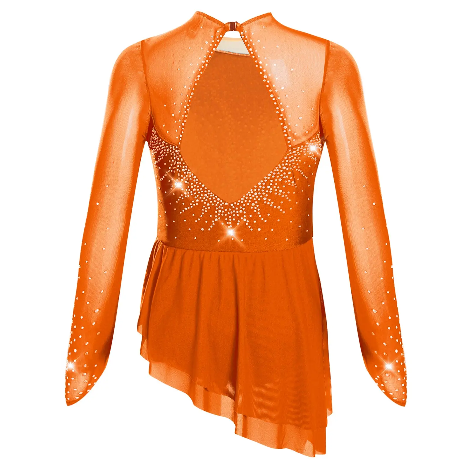 Mädchen Gymnastik Eiskunstlauf Modernes Ballett-Trikot Lyrisches Tanzkostüm Transparentes Netz Glitzernde Strass-Leotards Kleid – Detail 6