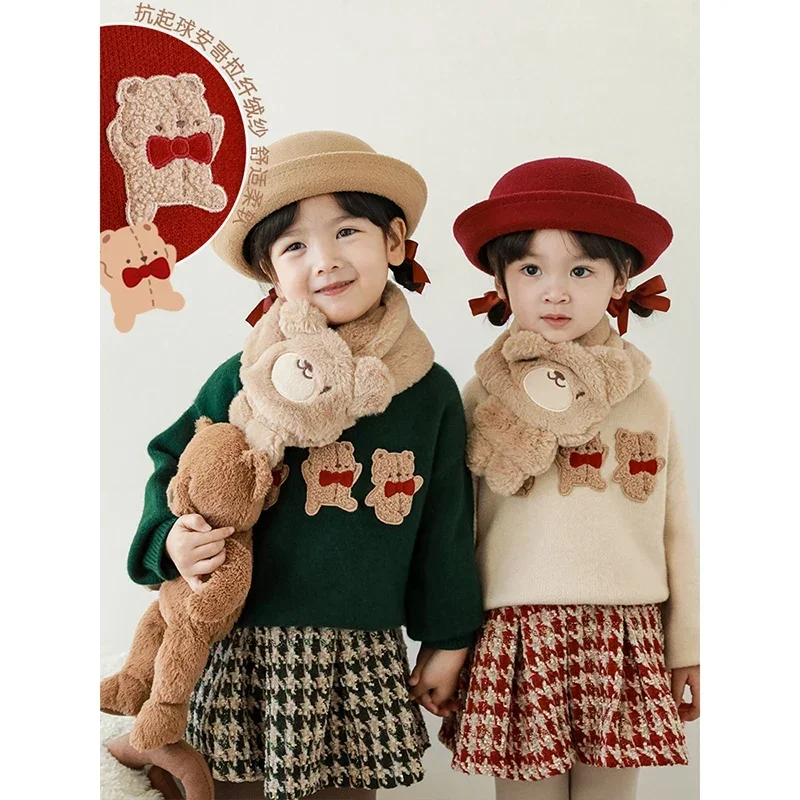 Winter New Children Little Bear Embroidery Sesame Dot Jacquard Sweater Baby Girls Knit Top