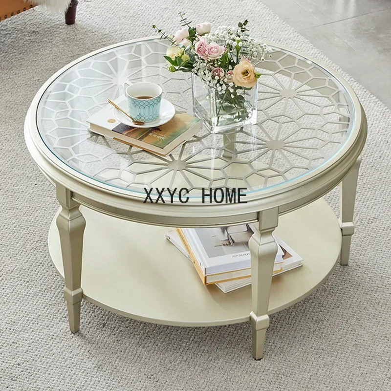 American-Style Wood Carved Hollow-out Small Apartment Light Luxury Modern round Tea Table French Small Coffee Table