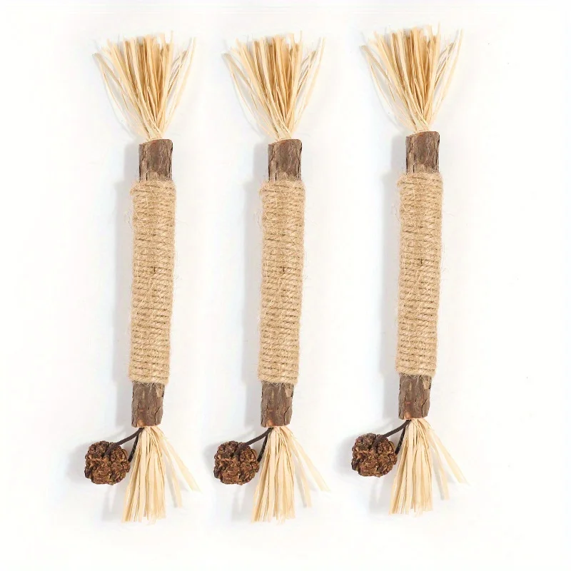 3-Pack Natural Sisal Cat Bite Sticks - Durable Teeth Cleaning Toys for Indoor Cats, Interactive Game Supplies