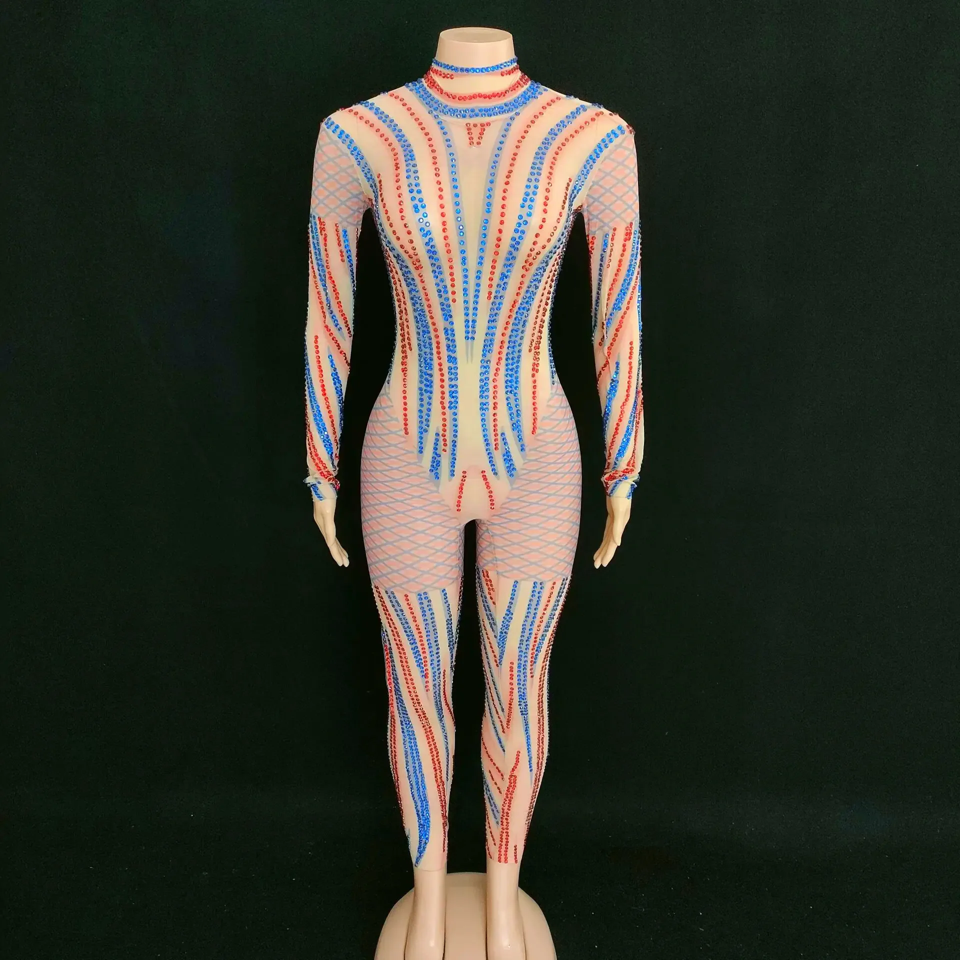 Sparkly Red Blue Rhinestones Mesh Jumpsuit Women Drag Queen Costume Nightclub Bar Sexy Stage Wear Singer Dancer Club Leotard