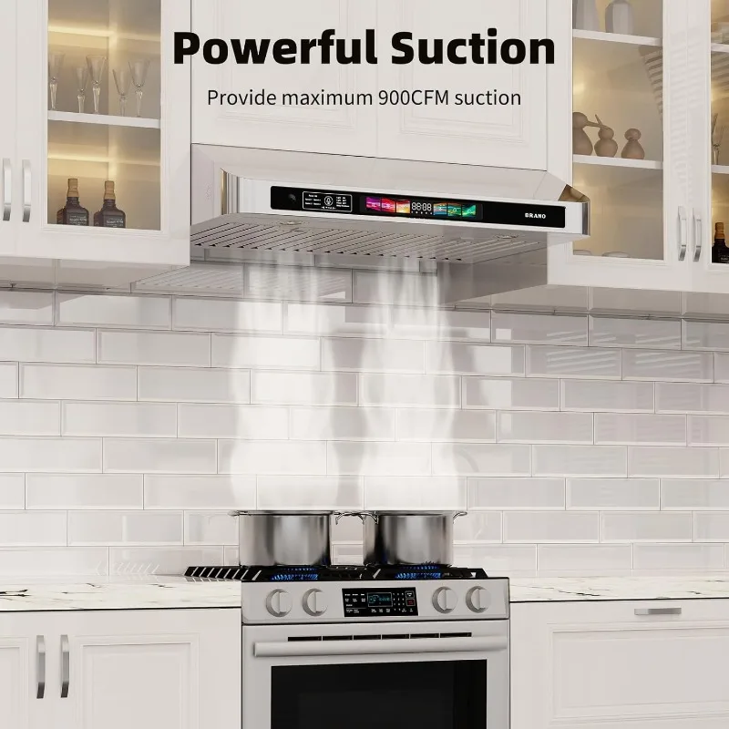 BRANO 36 Inch Under Cabinet Range Hood with Voice/Gesture/Touch Control, 900 CFM Kitchen Vent Hood with 4-Speed Exhaust Fan