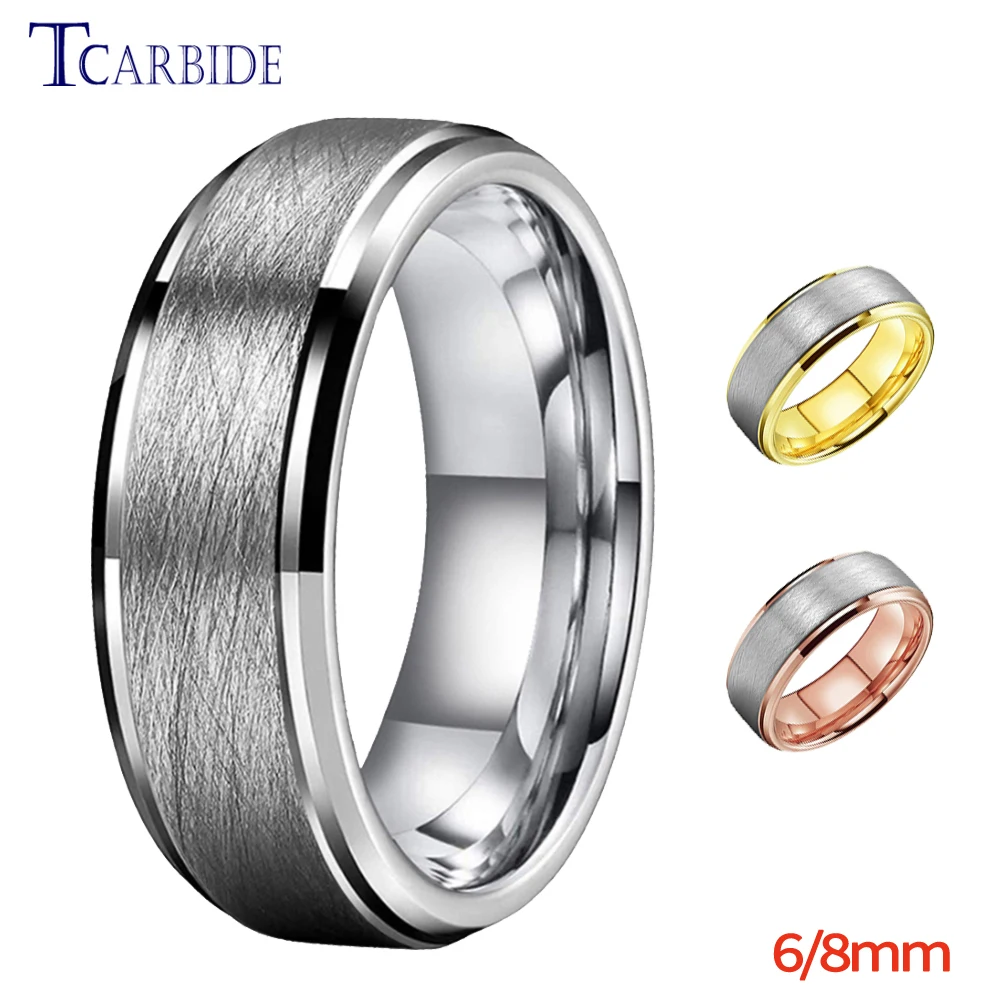 6MM 8MM Mens Womens Gold Color Tungsten Carbide Ring Fashion Gift Jewelry Stepped Beveled Edges Special Brushed Finish