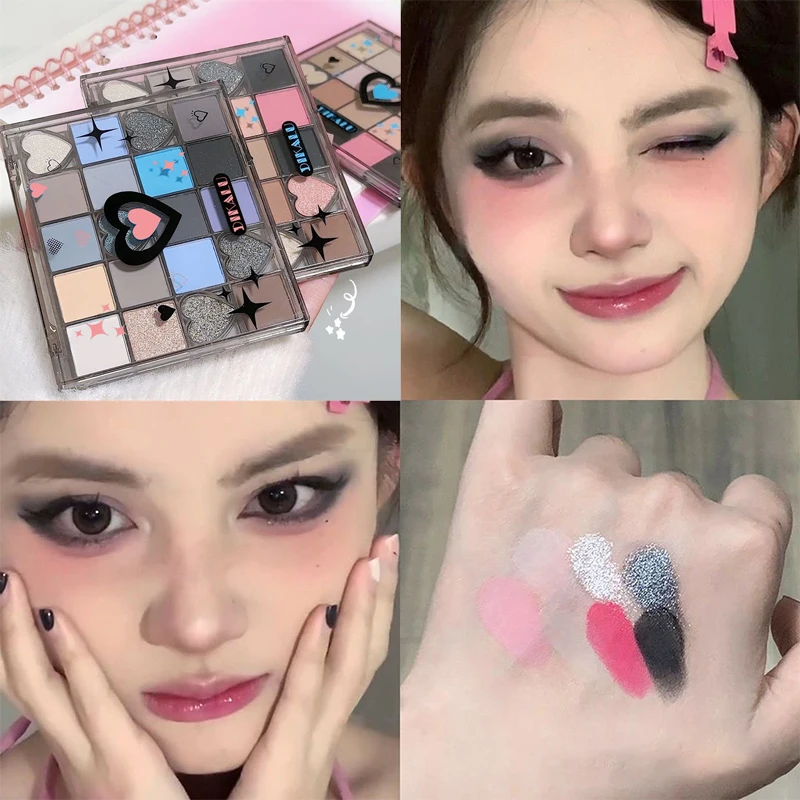 

DIKALU Sweetheart Eyeshadow Palette Cool Toned Matte Light Pearl Shiny Black Pink Smokey Blue Punk Metallic Eye Shadows Makeup