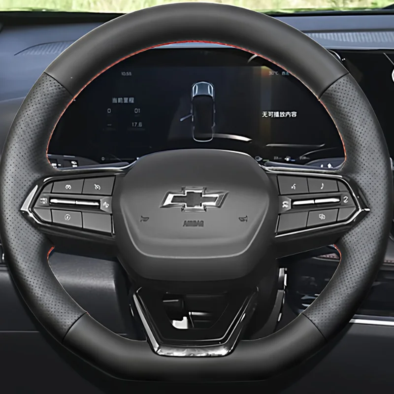 シボレー・シェビー・ブレイザー・エクイノックスrs・シルバラードev-rst-2024-2025用-ブレイドブラックレザー-レッドステッチ-カーステアリングホイールカバー