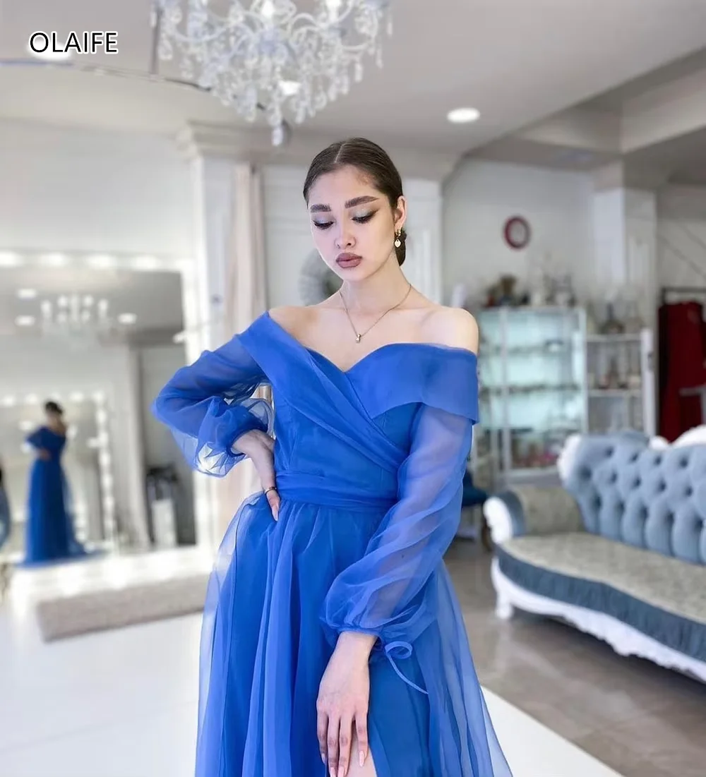 Robe de Soirée en Tulle Bleu, Élégante, Ligne A, Manches Bouffantes, pour Occasions Formelles, 2024