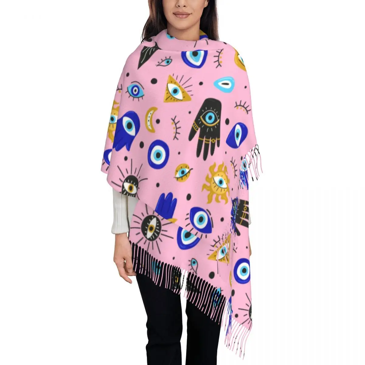 

Cartoon Evil Eye Scarf Hamsa Nazar Ethnic Warm Shawl Wrap with Long Tassel Ladies Scarves Wraps Winter Design Bufanda Mujer