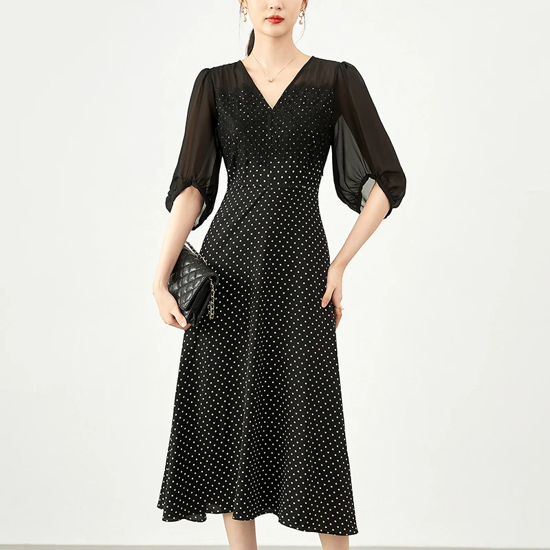 

Elegant Dresses For Women 2024 Summer V-neck Chiffon Patchwork Lace Women's Clothing Dot Print Woman Long Satin Party Dress
