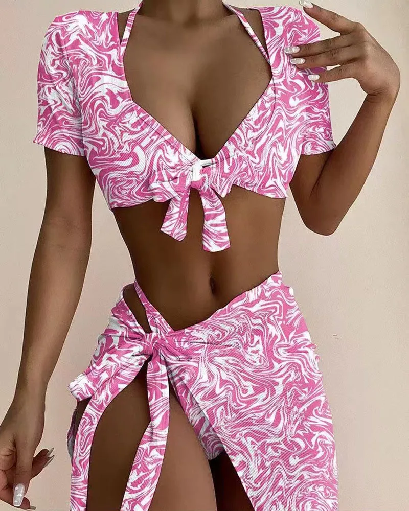 New Textured Floral Gathered Tie-up Bathing Suits Four-piece Set Short Sleeve Swimwear Women Beach Cover Up Skrit Swimsuit