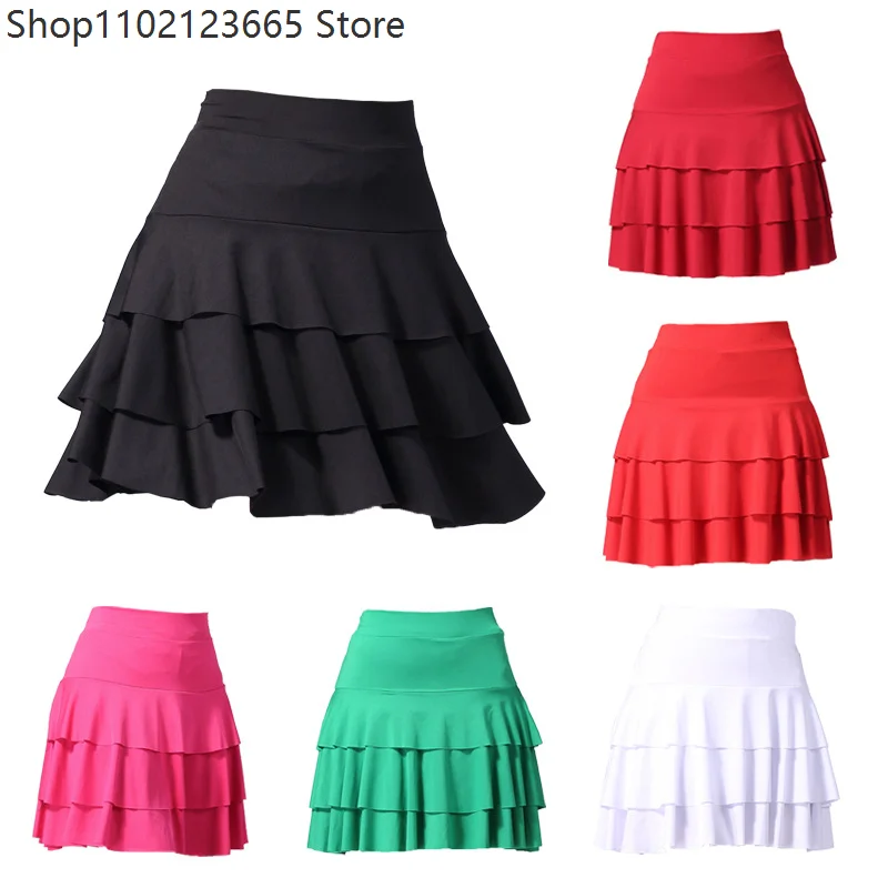 2026 Plus Size Latin Dance Skirt Women Adult Three Layer Cake Half Length Skirt Square Dance Cha-cha Modern Social Dance Skirt