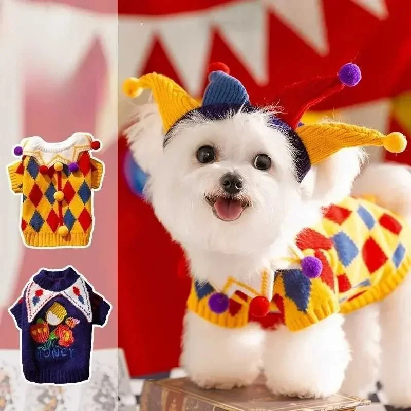 

Dog Clown Sweater Clothing Halloween Cute Funny Crazy Circus Sweater Hat Warm Quirky Dogs Cat Set Autumn Winter Clothes Dress