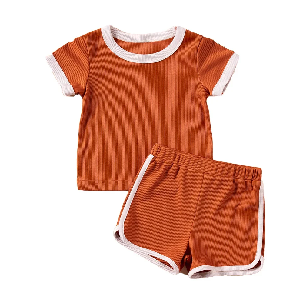 2024 Boys Girls Ribbed Summer Outfit Set Toddler Short Sleeve T-Shirt + Shorts Children 2Pcs Clothes Set Korean 1-6Y