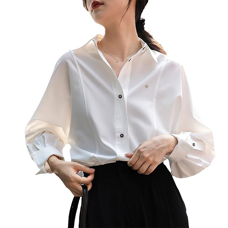 

CH Minimalist Design Solid Color Shirt for Women Loose Fit Single-Breasted Long Sleeve Top Versatile Work Daily Wear