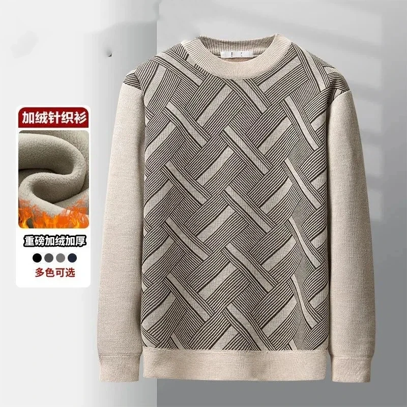 Winter Middle-aged and Elderly Men's Knitted Sweater with Added Velvet and Thickening Warm Base, Round Neck Knitted Sweater Top