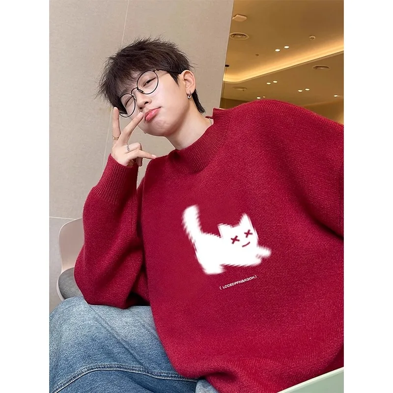 

Extra Large 300 Pou Cute Red round Ne Knitwear Men's Casual Sle Winter Warm Cotton Sweater ex Lazy Faion