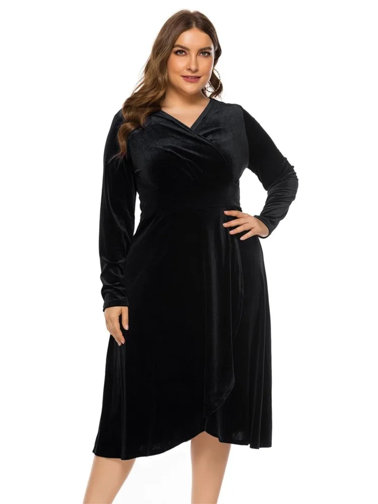 Plus Size Velvet Autumn Mini V-Neck Dress Women Long Sleeve Fashion Ruffle Pleated Loose Ladies Dresses High Waist Woman Dress